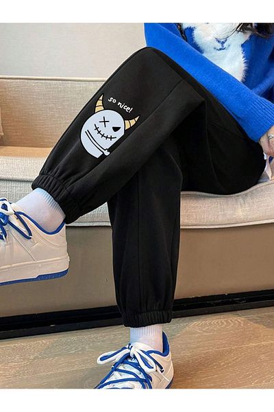 Mythologie So Nice Leg Printed Sweatpants Jogger - Μαύρο λαστιχένιο πόδι ψηλόμεσο χειμώνα