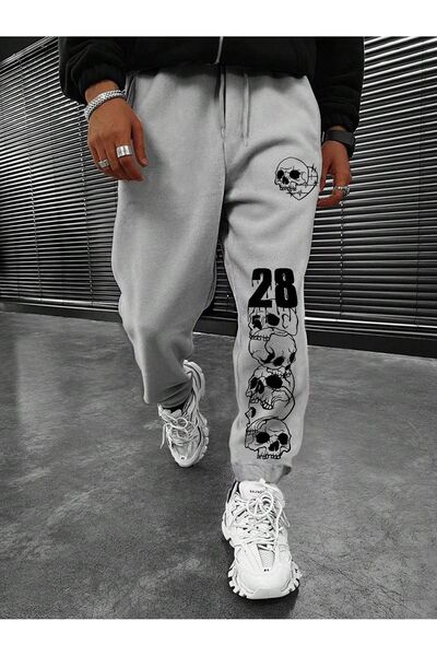 Mythologie 28 Skull Sweatpants Jogger - Gray Printed Elastic Leg High Waist
