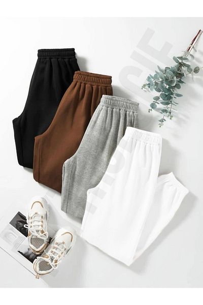 Mythologie 4 Πακέτο Basic Plain Jogger Sweatpants - Μαύρο Καφέ Γκρι Λευκό Λαστιχένιο Πόδι Ψηλόμεσο Καλοκαίρι