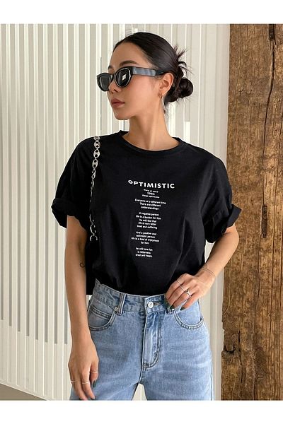 Mythologie Optimistic T-shirt - Μαύρο, εμπριμέ, Oversize, Crew Neck, Κοντό μανίκι