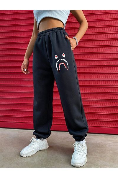 Mythologie Shark Jogger Sweatpants - Μαύρο εμπριμέ λαστιχένιο πόδι ψηλόμεσο χειμώνα