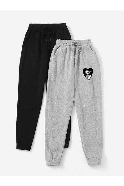 Mythologie 2-Piece Dark Love Sweatpants - Μαύρο και γκρι εμπριμέ ελαστικό πόδι ψηλόμεσο καλοκαίρι