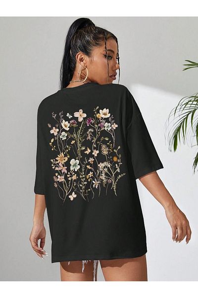 Mythologie Flower Pattern T-Shirt - Black Printed Oversize Crew Neck Short Sleeve