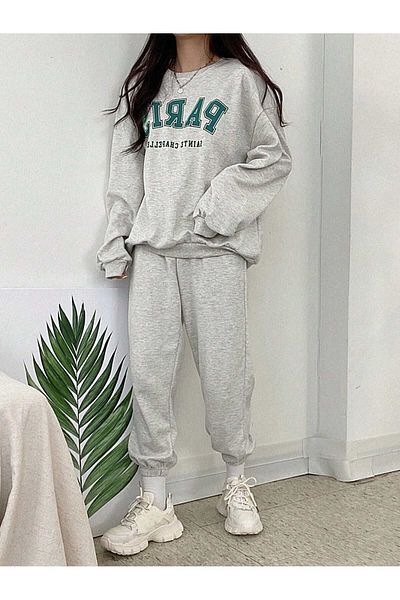 MODARİCH Paris Sweatshirt Sweatpants Jogger - Gray Printed Bottom Top Tracksuit Set Crew Neck