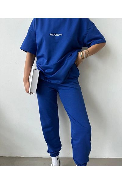 Mythologie Μπλουζάκι με λογότυπο Brooklyn Sweatpants Jogger - Σετ αθλητικής φόρμας Sax Blue Printed Oversize Crew Neck