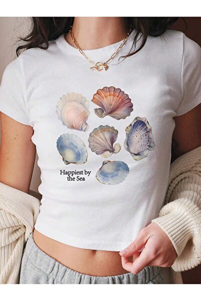 Jose Clothing KADIN BASKILI VÜCUDA OTURAN KISA KOLLU CROP TOP BLUZ