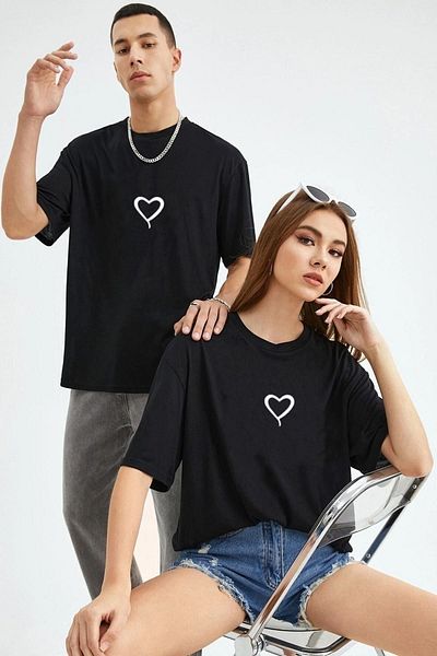 Mythologie Heart T-Shirt Διπλό Ζευγάρι Lover Συνδυασμός 2 τεμαχίων - Μαύρο, εμπριμέ, Oversize, Crew Neck
