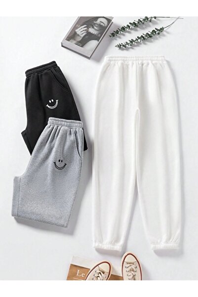 Mythologie 3-Piece Smiling Faces Printed Jogger Sweatpants - Black White Gray Elastic Cuffs High Waist