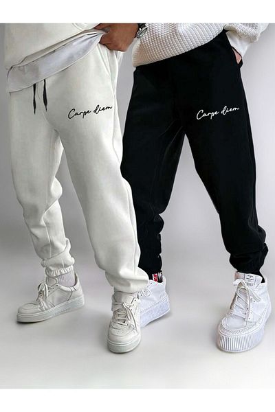 Mythologie Carpe Diem 2 Pack Jogger Sweatpants - Ασπρόμαυρη στάμπα, Ψηλόμεση, Λαστιχένια Πόδια Χειμώνας