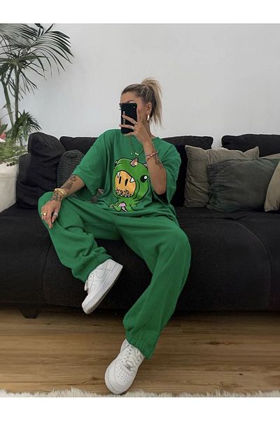Mythologie Dinosaur T-shirt Sweatpants Jogger - Nefti Green Printed Tracksuit Set Oversize Crew Neck