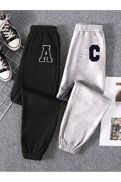 Mythologie Φούτερ Jogger 2 τεμαχίων A C Letter - Μαύρο και γκρι εμπριμέ λαστιχένιο πόδι ψηλόμεσο καλοκαίρι