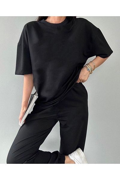 Mythologie Basic Plain T-shirt Sweatpants Jogger - Μαύρο Σετ Φούτερ Oversize Crew Neck