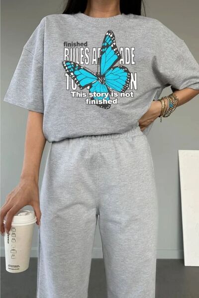 Mythologie Rules Kelebek T-shirt Eşofman Altı Jogger - Gri Baskılı Eşofman Takımı Oversize Bisiklet Yaka