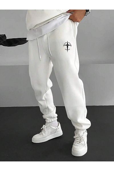 Mythologie Symbol Sweatpants Jogger - White Printed Elastic Leg High Waist Winter