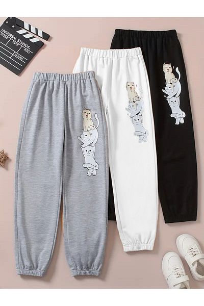 Mythologie 3 Pack Kitties Printed Jogger Sweatpants - Γκρι Λευκό Μαύρο Λαστιχένιο πόδι ψηλόμεσο καλοκαίρι