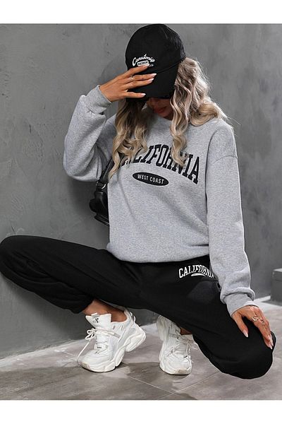 MODARİCH California W.C Gray Sweatshirt Black Jogger - Bottom Top Tracksuit Set Oversize Crew Neck