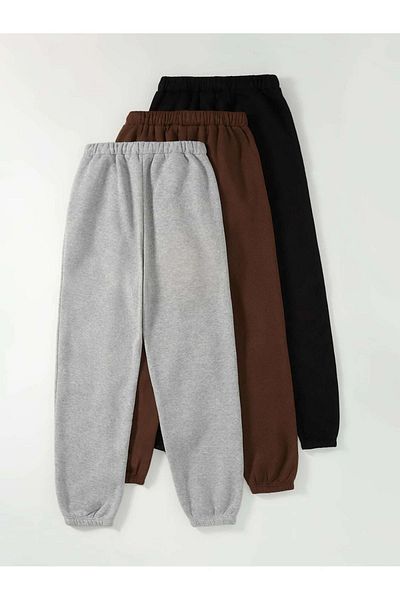 Mythologie Φούτερ Jogger 3-pack με λογότυπο - Μαύρο γκρι και καφέ ελαστικό πόδι ψηλόμεσο καλοκαίρι