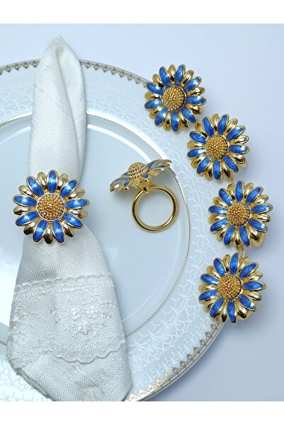 PARILTI HOME COLLECTİON 6'lı Papatya Mavi Sedef Mineli Gold Halka Peçete Yüzüğü