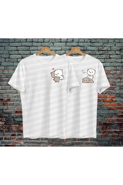 Mythologie Couple Lover Kawaii Cat T-Shirt - Λευκό εμπριμέ, Oversize Crew Neck