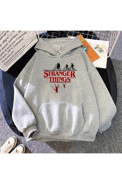 MODARİCH سويت شيرت بغطاء للرأس مقاس كبير باللون الرمادي مطبوع عليه Stranger Things للجنسين