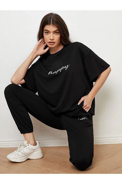 Mythologie Happy Sweatpants and T-shirt - Black Jogger T-shirt Bottom Top Σετ φόρμας Oversize Crew Neck