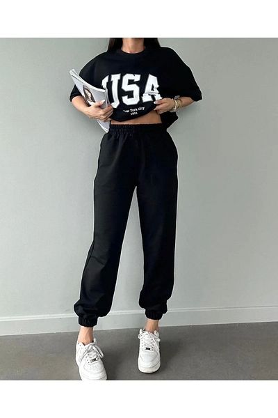 Mythologie Usa T-shirt Sweatpants Jogger - Σετ φόρμας με μαύρη στάμπα Oversize Crew Neck