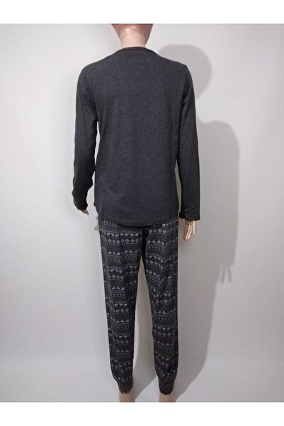 VİENETTA Жіночий антрацитовий комплект піжами з круглим коміром, довгими рукавами, овальним подолом, манжетами з оленями та бавовняною підкладкою.