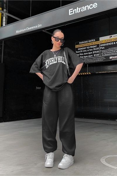 Mythologie Beverly Hills T-shirt Sweatpants - Black Tracksuit Set Bottom Top Set Oversize Crew Neck