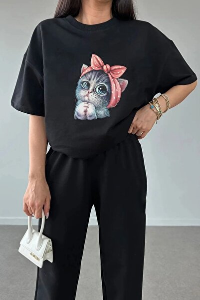 Mythologie Σετ αθλητικής φόρμας Black Cat Printed - Jogger Light Oversize Crew Neck