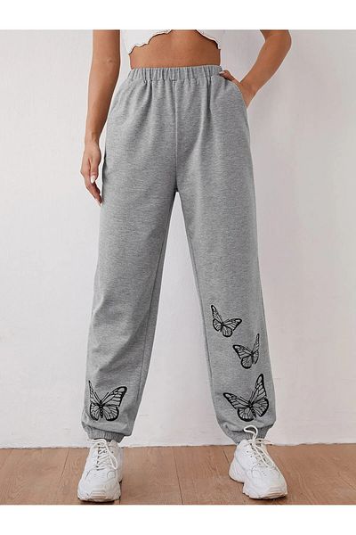 Boi High Waist Elastic Butterfly Printed Black Jogger Sweatpants - Loose Summer