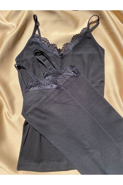 LEYNA BUTİK Women's Black Color 3 Pieces Lacy Cotton Ribbed V-Neck Undershirt