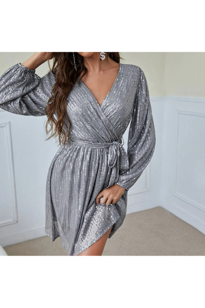 Styling Park Pul Payet Mini V Yaka Uzun Kol Kuşaklı Elbise