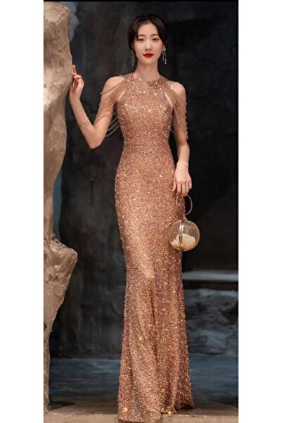 hilaltrendd Haalter yaka pulpayet boncuk işlemeli elbise