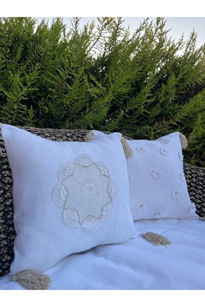 MSS ATALIER ETAMİN , TIĞ İŞİ  DANTEL-PÜSKÜL DETAYLI 2 ADT KIRLENT, EV BAHÇE BALKON SALON TEKSTİLİ,YASTIK KILIFI