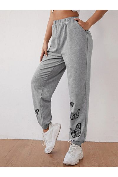 Boi High Waist Elastic Butterfly Printed Black Jogger Sweatpants - Loose Summer