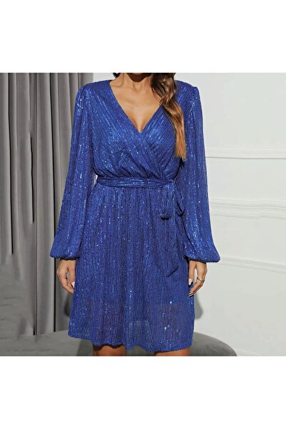 Styling Park Pul Payet Mini V Yaka Uzun Kol Kuşaklı Elbise
