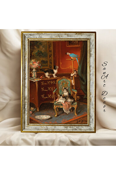 Sanart Çerçeveli Vintage Tablo, Yağlı Boya Tablosu, Çerçeveli Tablo, Sanatsal Dekor, Kedi Tablosu