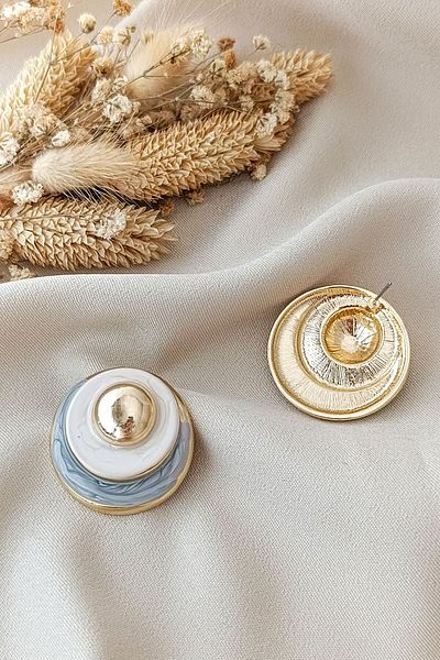 COSİTA Gold Colored Filled Gray Cream PaStel Large EarringS - Sequential and Round