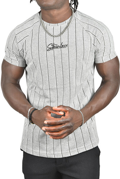 DeepSEA Γκρι-μαύρο ριγέ ανδρικό μπλουζάκι με λαιμόκοψη 2403211