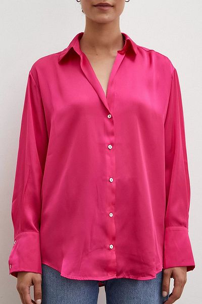 BE CHİC Cămașă din satin premium cu decolteu în V fucsia - Croială largă, Design solid CN 100951