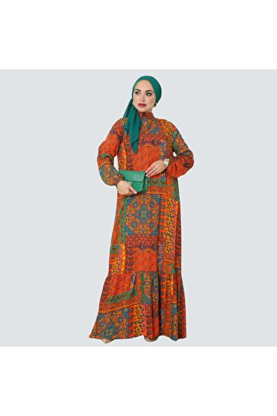 TIWCO HAKİM YAKA RETRO DESENLİ KİREMİT ELBİSE