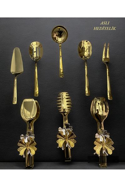 NEWTREND Züccaciye Stainless Steel 8-Piece Serving Set - Gold Colander, Ladle, Shovel, Fork, Spoon, Butterfly Tongs