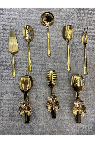 NEWTREND Züccaciye Stainless Steel 8-Piece Serving Set - Gold Colander, Ladle, Shovel, Fork, Spoon, Butterfly Tongs