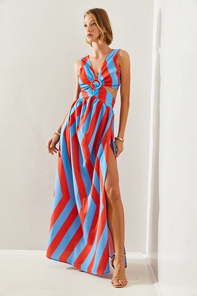 Bianco Lucci Back Low-cut Striped Women's Dress - Kiloş Cut, Slit Detail, Tie-up - 22217 60251496