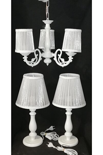 TEKAY AYDINLATMA 3 Lü Beyaz Yatak Odası Avize Abajur Seti Beyaz Ahşap Ayaklı ...