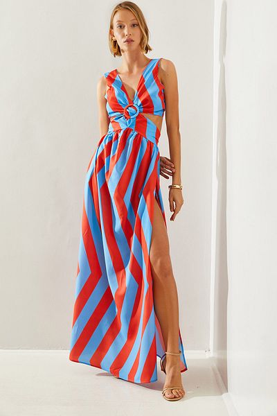 Bianco Lucci Back Low-cut Striped Women's Dress - Kiloş Cut, Slit Detail, Tie-up - 22217 60251496