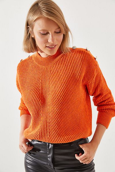 Bianco Lucci Sweter damski z dzianiny z guzikami na ramionach - Thessaloniki Knit 20246210