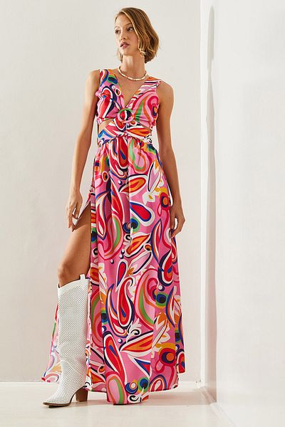 Bianco Lucci Patterned Slit - Halter Neck Kiloş Cut Women's Dress 22217 60251495