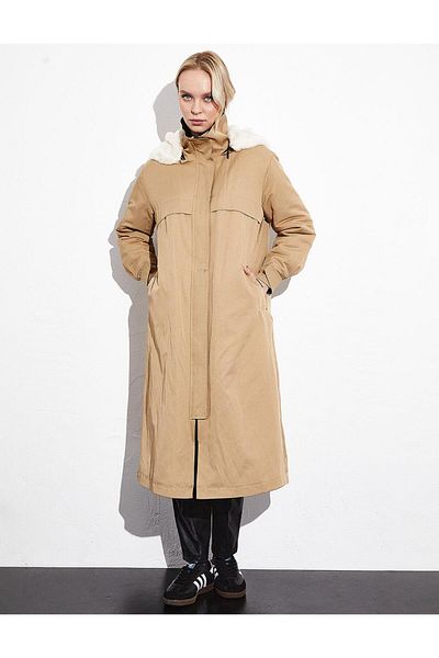 Kayra Furry Hooded Puffer Coat Beige