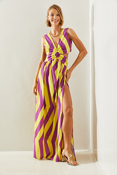 Bianco Lucci Sukienka damska w paski z głębokim dekoltem - Kiloş Cut, rozcięcie, wiązanie - 22217 60251496